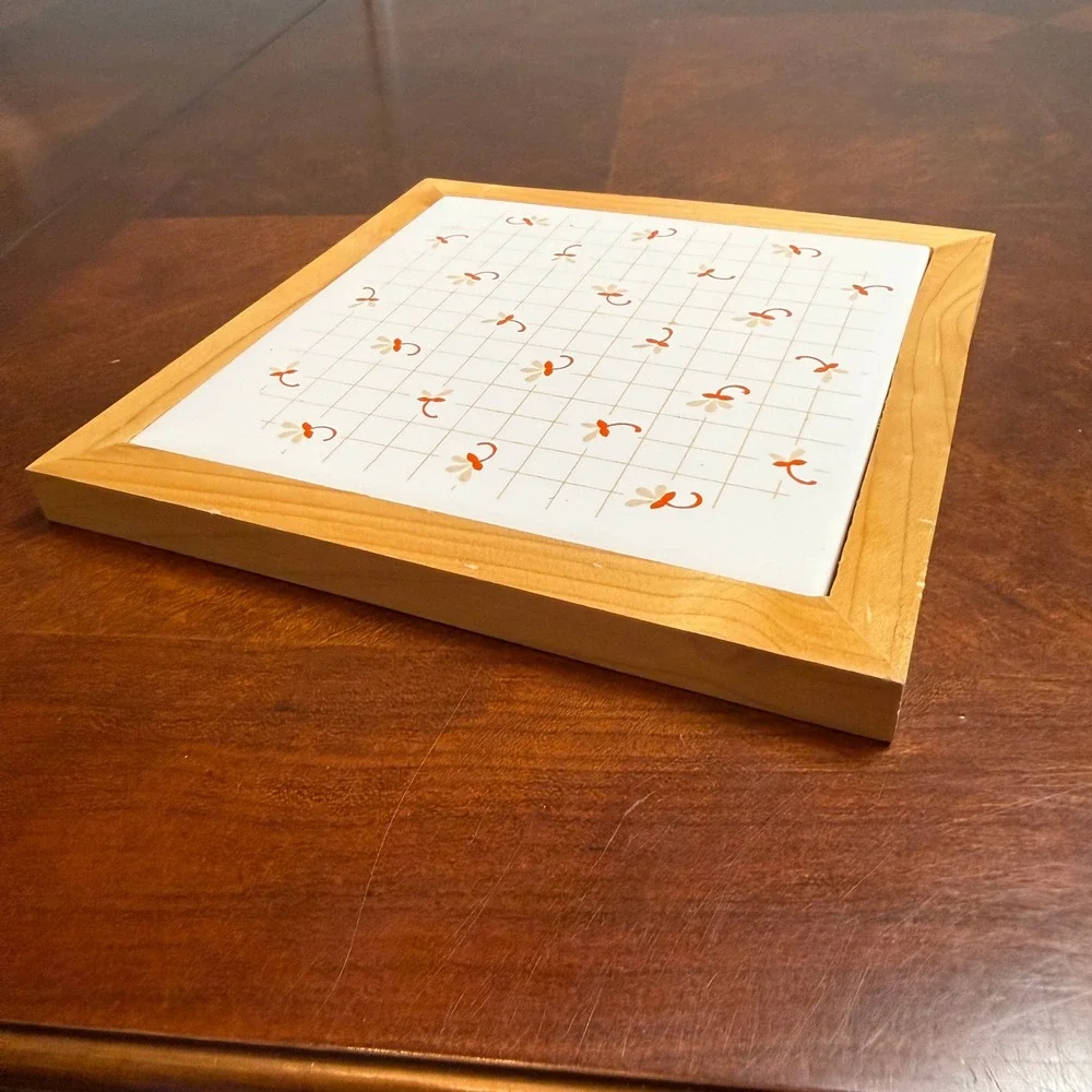 vtg 70's Ceramic Tile Trivet Wood Framed Orange Floral Grid Retro Wall Decor